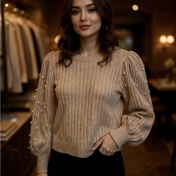 Liz Claiborne Sweaters - Liz Claiborne Tan Ribbed Knit Sweater with pretty pearl embellished sleeves
